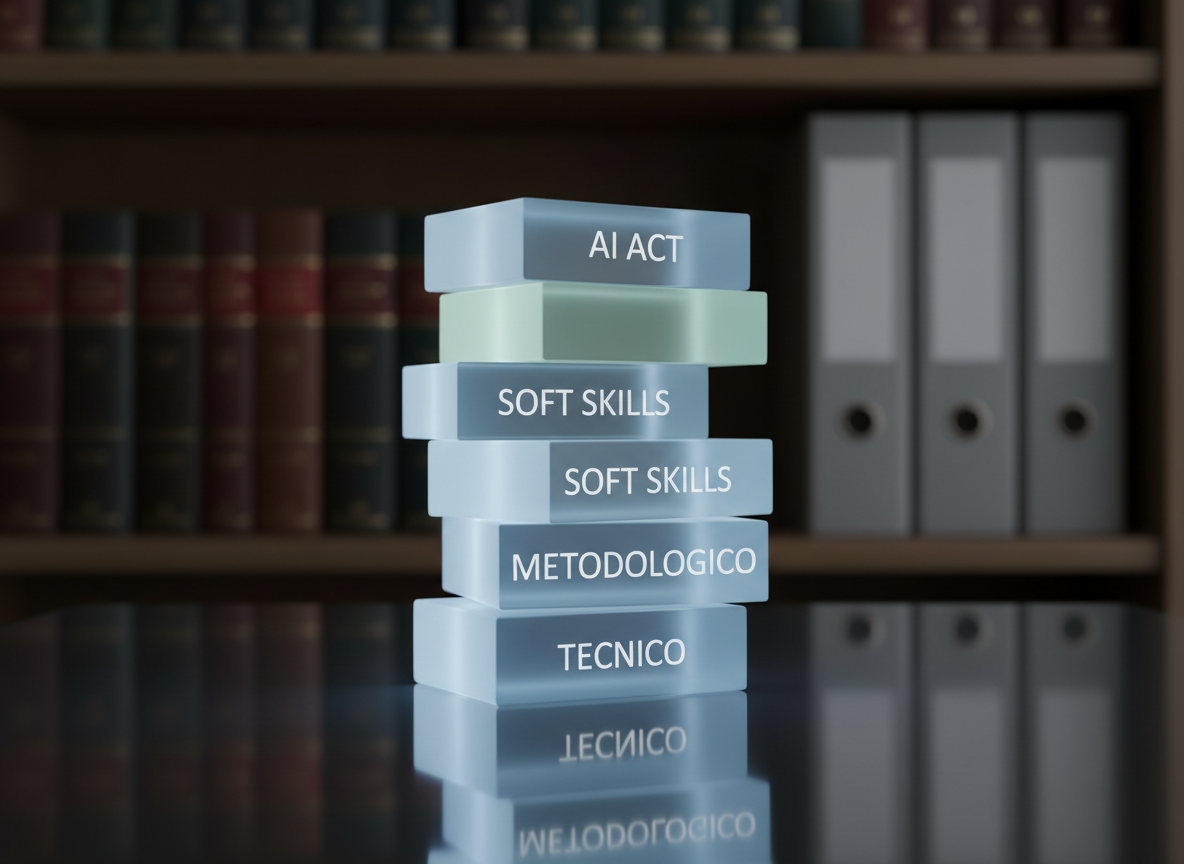 An abstract yet concrete representation of an AI governance framework appears as a series of stacked, translucent acrylic blocks on a reflective dark glass surface. Each block is etched with precise labels like “tecnico,” “metodologico,” “soft skills,” and “AI Act,” illuminated from below with a cool white LED glow that gradients through the material. A blurred background of law books and minimalist binders on a shelf hints at regulatory context without distracting from the main structure. The photographic image uses dramatic side lighting to emphasize edges and reflections, with a centered composition and shallow depth of field, creating a serious, authoritative, and forward-looking atmosphere about responsible, regulated AI adoption.