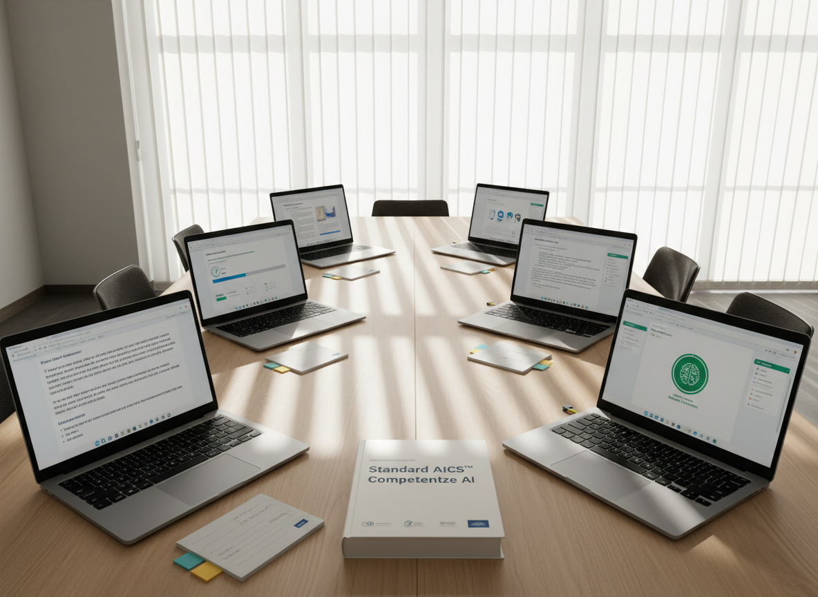 A precisely organized training space features a long, light wood table with several identical slim laptops aligned in a row, each screen showing different stages of an AI certification exam interface: question prompts, progress bars, and secure verification badges. Between the devices lie minimalist white notepads, color-coded sticky tabs, and a single closed textbook titled “Standard AICS™ Competenze AI.” Natural daylight streams from tall windows on the right, softened by sheer blinds, casting linear shadows across the table. The photographic scene is shot from a slightly elevated angle with balanced composition and a clear, modern aesthetic, evoking a mood of rigor, transparency, and methodical learning in AI and digital skills.