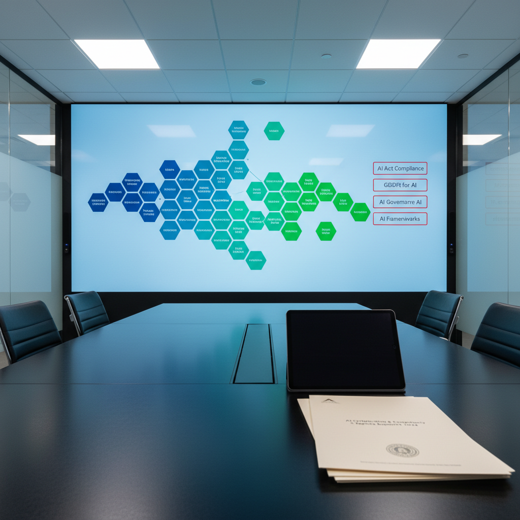 A large, wall-mounted digital dashboard glows in a modern conference room, displaying a detailed AI skills competency map with interconnected nodes, color-coded levels, and regulatory alignment labels such as “AI Act compliance” and “governance.” The screen’s crisp graphics reflect faintly on a polished black table below, where a closed, matte-black tablet and a neatly stacked set of printed certification reports rest. Cool, even overhead lighting creates a neutral, professional tone with subtle highlights on metal and glass surfaces. Captured from a slightly low angle with sharp focus throughout, the photographic image emphasizes structure, clarity, and strategic planning in AI upskilling and certification.